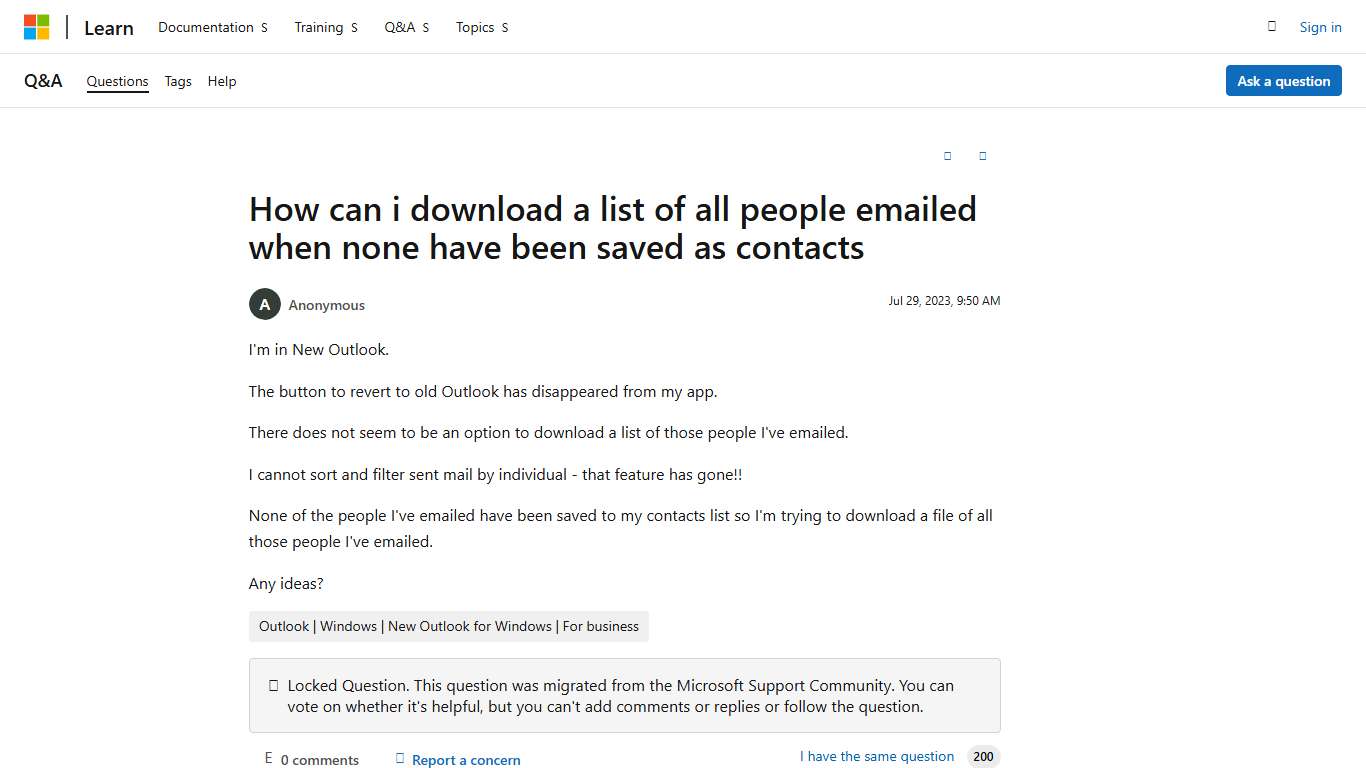 How can i download a list of all people emailed when none have been saved as contacts - Microsoft Q&A
